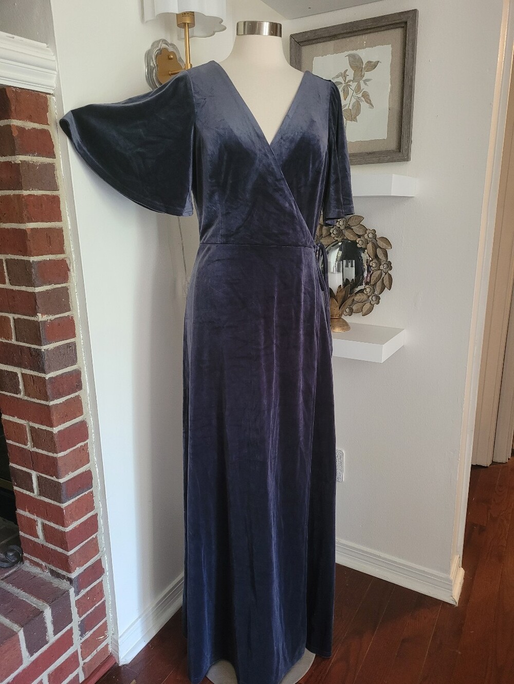 Lulu's Defining Elegance Slate Blue Velour Short Sleeve Wrap Maxi Dress Large